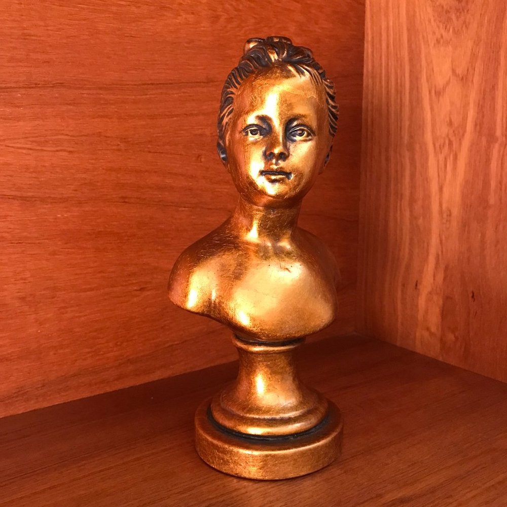 Mid Century Hand Painted 1960s Devonware Gold Chalkware Bust, Girl